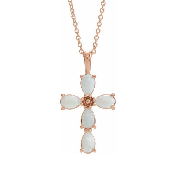 14K Rose Gold Cabochon White Opal Cross Necklace 16-18 Inch